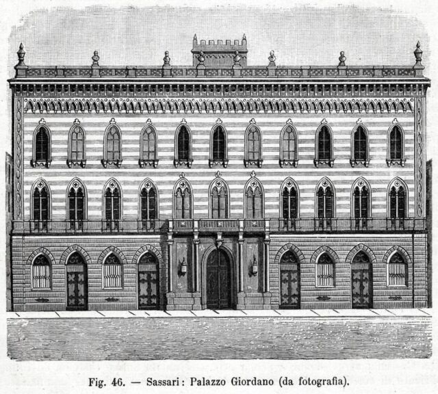 Sassari: Palazzo Giordano. Stampa antica di 128 anni + passepartout. 1895