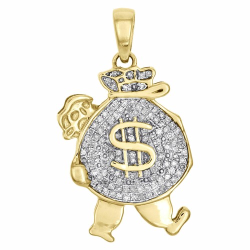 10K Yellow Gold Real Diamond Walking Money Bag Pendant 1.15" Pave Charm