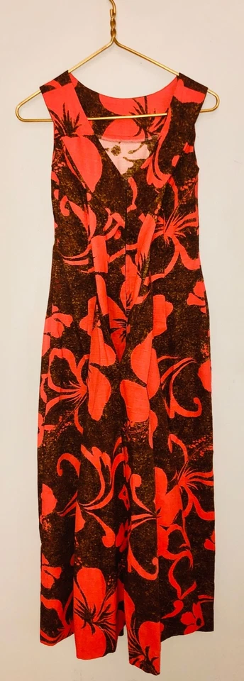 VESTIDO DE COLECCIÓN AÑOS 60 HUKILAU BARKCLOTH NARANJA FLORAL HAWAIANO TIKI MAXI CAPA ANFITRIONA*XS Foto 4 de 4