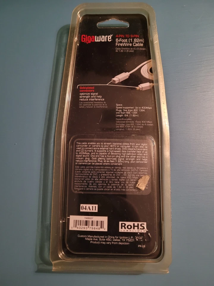Gigaware 4-Pin to 9-Pin Firewire Cable IEEE 1394 6 foot 150-0007. NEW Fire Wire - Image 2 of 2