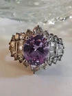 Vintage Designer Lavender & Clear CZ Cocktail Ring Size 6 Sterling Silver JOY