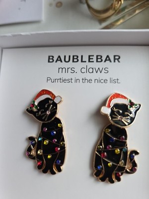 Baublebar Mrs Claws Black Cat w/ Santa Hat Christmas Lights Crystal Earrings NEW