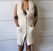 Vintage Y2K Nine West Cream Sweater Wool Sherpa Knit Button Dress Petite Small