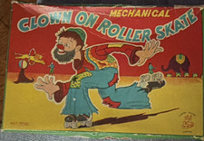 Vintage 1950 Mechanical Wind-Up Clown on Roller Skate Toy w/ Box