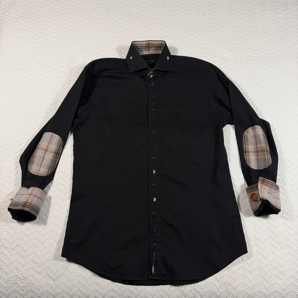 BOGOSSE Black Men's Dress Shirt Size 4 (Large) Elbow Patches Plaid Collar Cuffs - Image 3 of 4