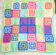 Crochet Granny Square Baby Blanket Afghan Green Yellow Blue Hot Pink 38x40"
