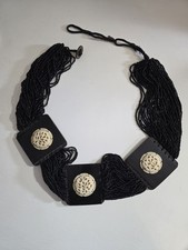 Vintage Carved Bone Black Panel Cinch Waist Belt Seed Bead High End Ivory Read