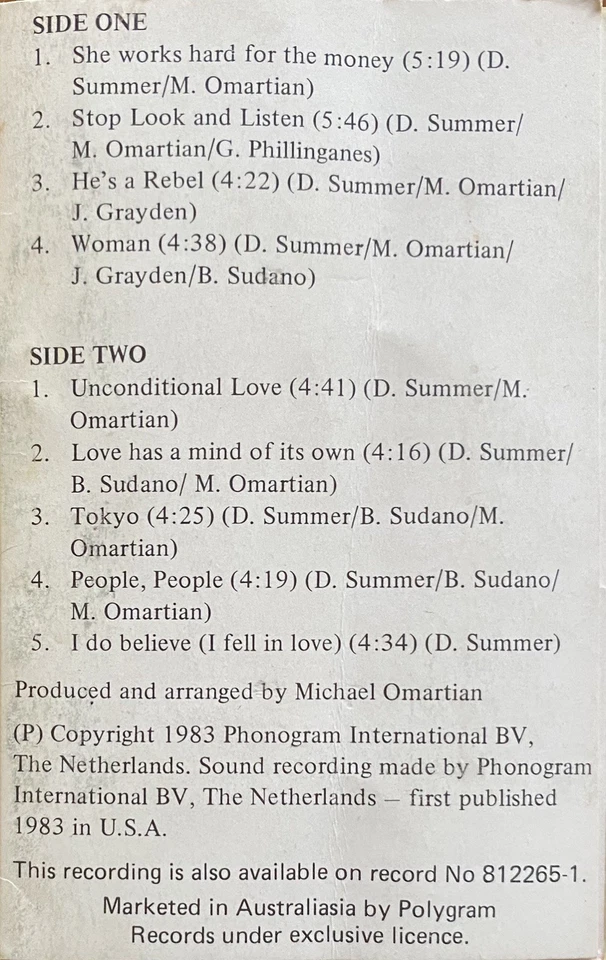 Donna Summer She Works Hard For The Money New Zealand Cassette - Image 2 of 4