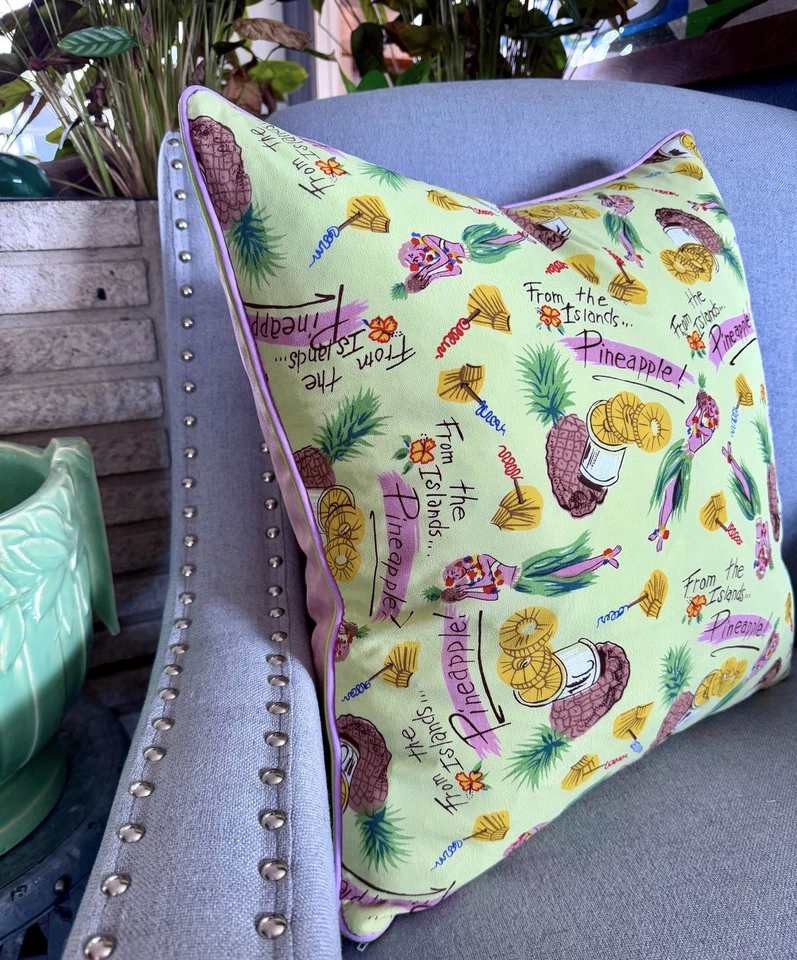 Funda de almohada de tela de corteza de recuerdo de Hula y piñas Hawaii de 1940 tela vintage Foto 3 de 4