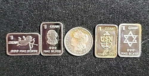5 x 1 Gram .999 Fine Silver Bars and Round Lot Assorted Designs. Unique & Fun:)