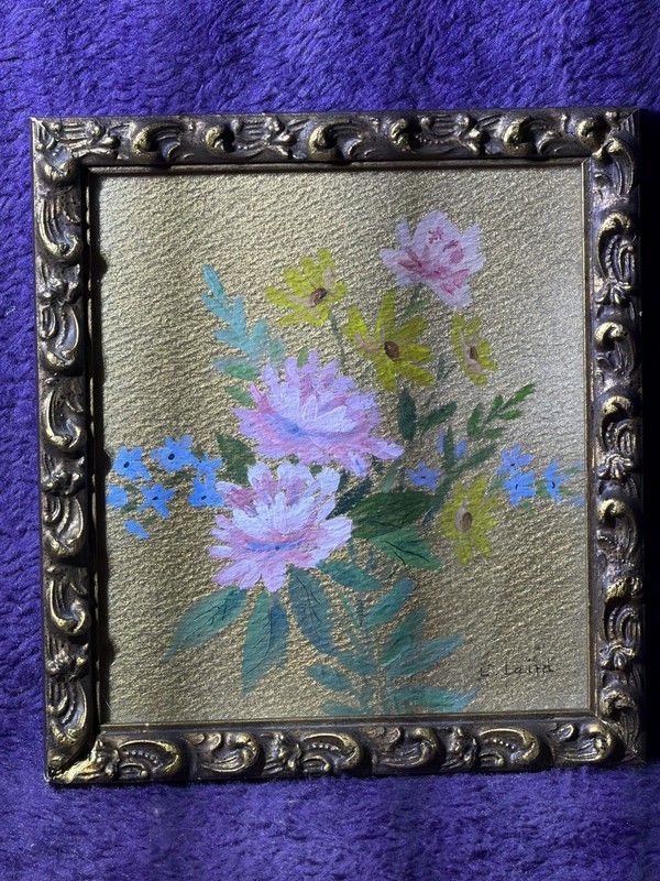 Mini E. Lent Signed Framed Floral Still Life Painting on metal, Small 6 x 7 in