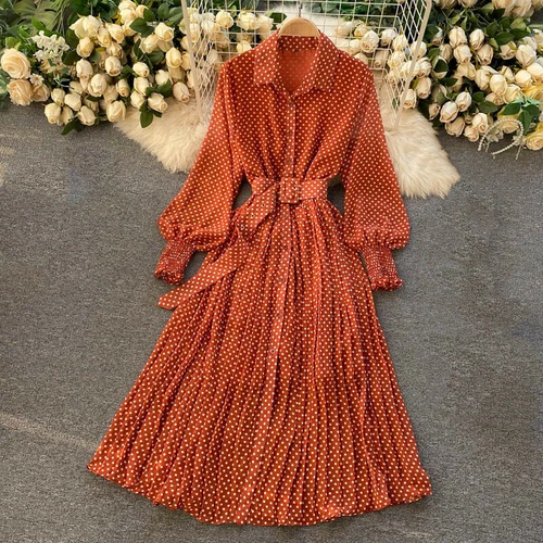 Women Chiffon Pleated Dress Long Puff Sleeve Polka Dot Midi Button with Belt - Picture 9 of 23