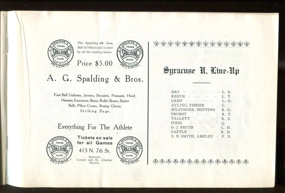 1911 St. Louis v Syracuse Football Program Ex+ Very Nice 40282 B3 - Image 4 of 4