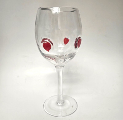 Handblown Thick Clear Wine Glass Red Hearts Valentines 8-inch Goblet