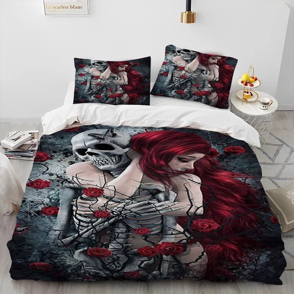 Halloween Sheets Queen Gothic Skull Bedding Set Red And Black