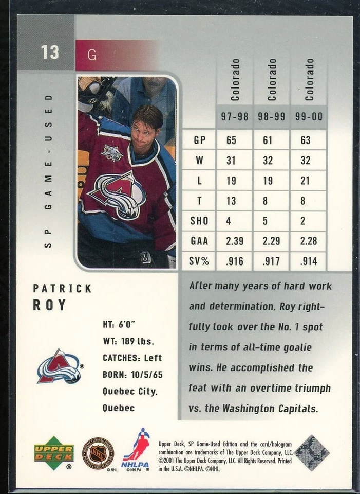 2000-01 SP Game Used #13 Patrick Roy - Image 2 of 2