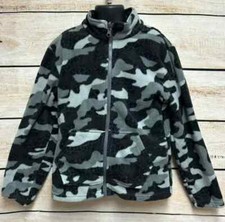 Eddie Bauer Fleece Camo Jacket Boys Black Gray Full Zip sz 10-12