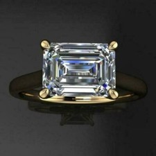 3Ct Emerald Cut DEF Moissanite Solitaire Engagement Ring 14K Yellow Gold Plated