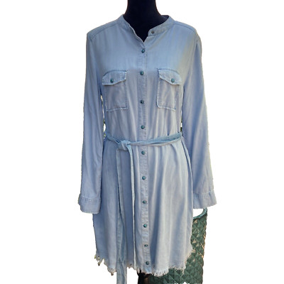 Crazy Train Lorrie Darlin Dress Womens Medium Blue Chambray Raw Hem Cowgirl Work