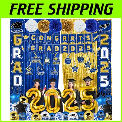 Complete College Graduation Decorations Set - Stunning Blue and Gold 2025 Theme