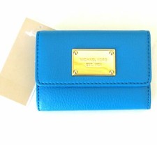 NEW MICHAEL KORS ITEMS SUMMER BLUE,GOLD LEATHER FLAP COIN PURSE,WALLET,KEY RING