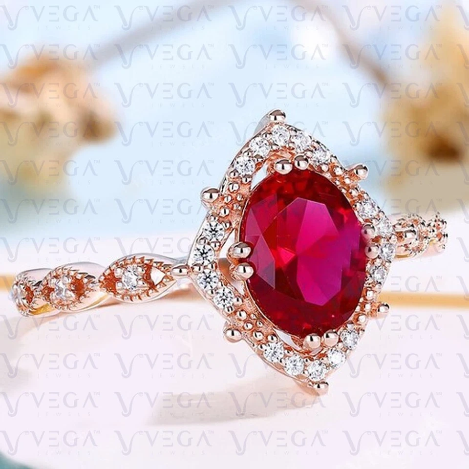 Anillo de compromiso de diamantes y rubíes rojos naturales de corte ovalado de 3,86 quilates enchapado en oro rosa de 18 quilates Foto 2 de 4
