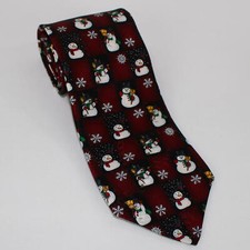 Snowmen and Snowflakes Burgundy Tie All Silk Yule Tie Greetings MMG Hallmark