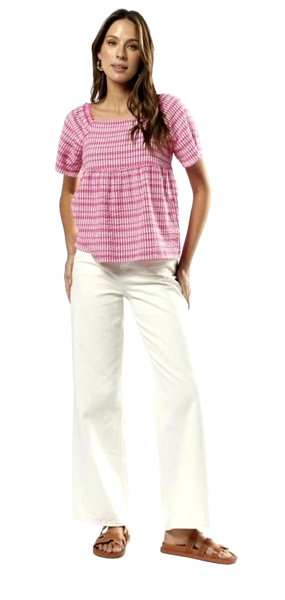 Vero Moda EUC Dixie Gingham Top Cotton Check Pink White Preppy Euro Denmark Au12