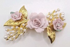 VTG GoldTone Pink Porcelain Rose W Faux Perals Hair Barrette Clip