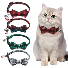 Collares navideños para gatos con pajarita y cascabel, ajustables para fiestas