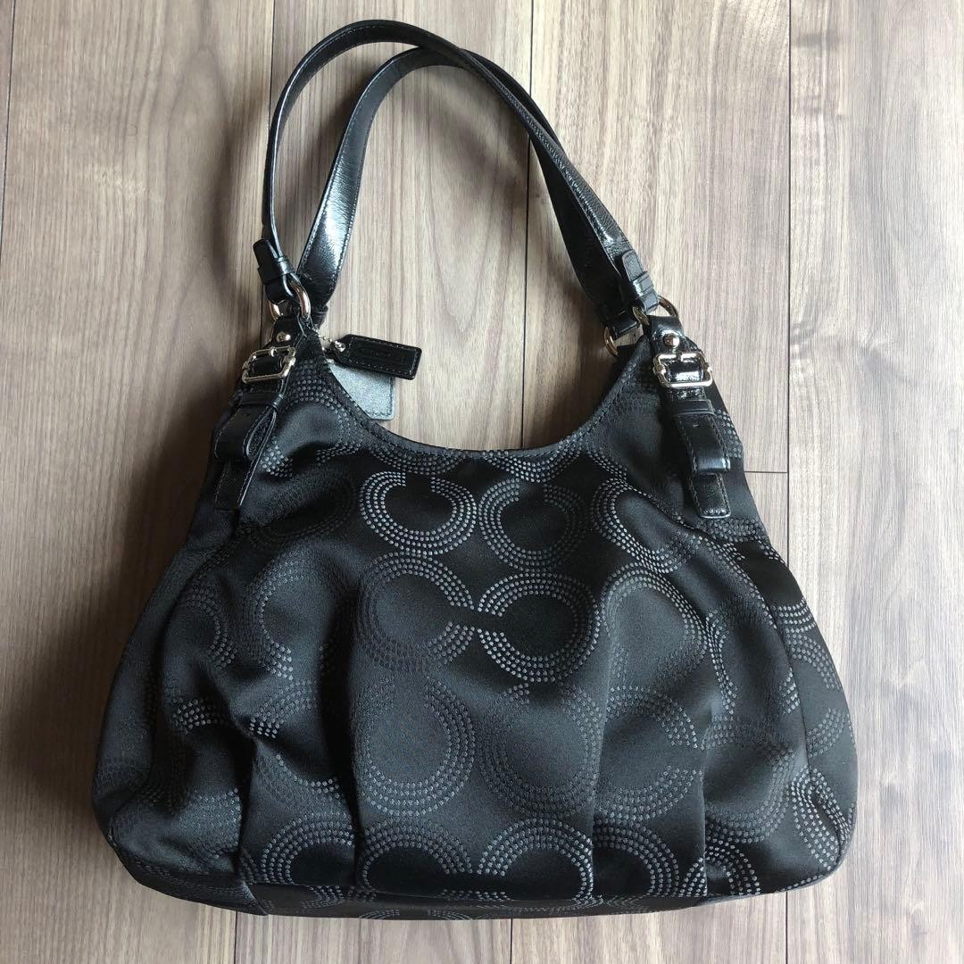 COACH Madison Maggie Op Art Shoulder Bag Black Blue Canvas Authentic Rare image 2
