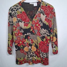 Vintage Y2K East 5th Shirt Women Large Textured Red Floral Gold Metallic Stretch
