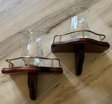 2 VTG Mid-Century Wood Candle Sconces Brass Gallery Rail Wall Shelves W/peg Cups