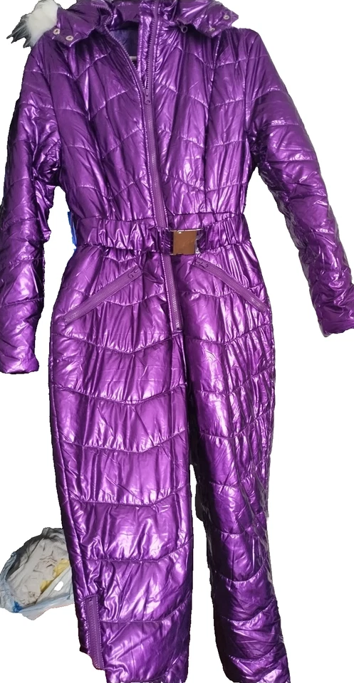 NOVO Terno de Esqui ou Neve Feminino S Violeta Brilhante com Pele Removível e Cinto Presentes de Natal - Imagem 4 de 4