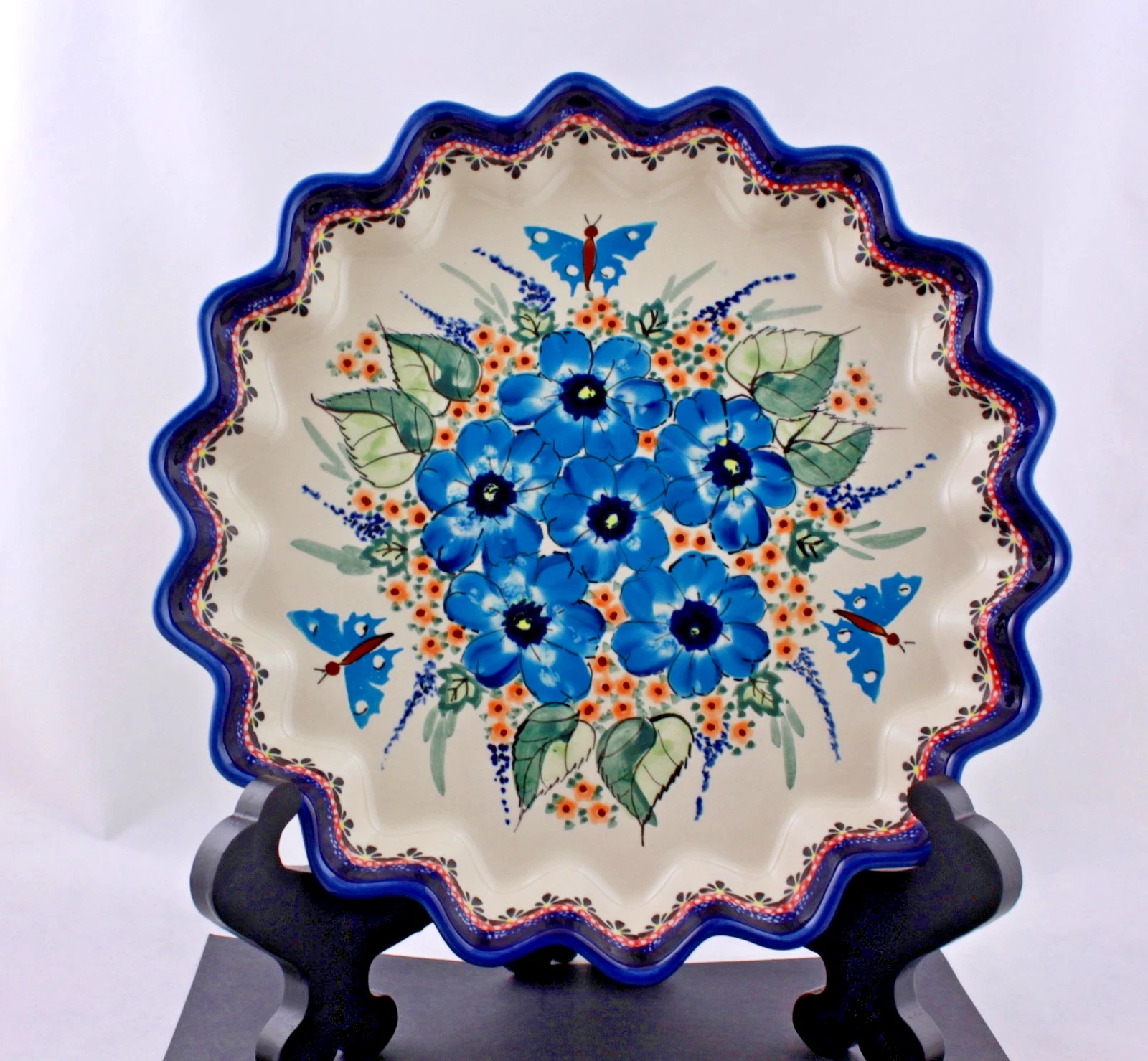 POLISH POTTERY FLUTED PIE DISH 13" SUMMER SPLENDOR UNIKAT HAND PAINTED - MINT
