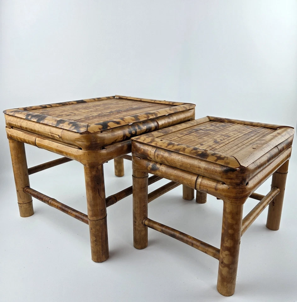 Mesas de anidación de bambú quemado para tortugas soporte para plantas pedestal conjunto chino de colección boho Foto 4 de 4