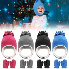 2pcs/Set Boys Girls Warm Fleece Hat  Gloves Sherpa Lined Toddler 3-10 Years