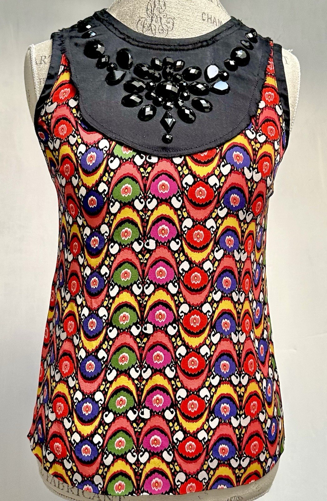 Tory Burch 100% SILK Tank Top Embellished Sleeveles Blouse Multicolor Sheer Sz 4