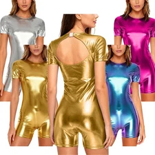 Women Bodysuit Biketard Leotards Cosplay Jumpsuits Music One-Piece Short Sleeve