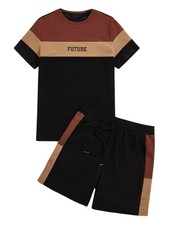 Men's 2 Piece Outfits Letter Print Color Block Tee and Drawstring Shorts Set ...