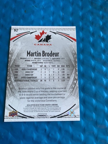 Martin Brodeur 2016-17 Upper Deck Team Canada Juniors 16-17 Nr 92 9237 - Bild 2 von 2