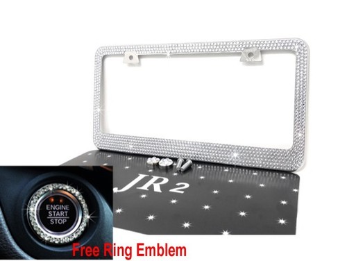 White Bling Crystal METAL License Plate Frame+Free Bling Ring Emblem ...
