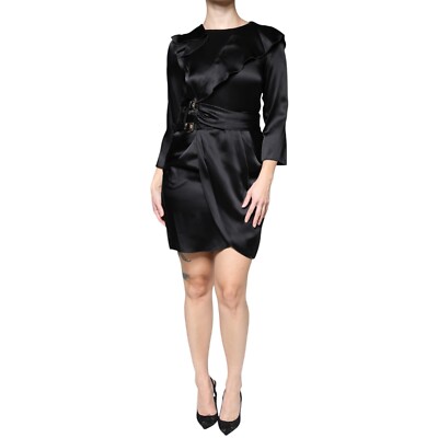 armani mini dress EMPORIO ARMANI Dress Black Satin Long Sleeves Wrap Sheath Mini IT40/US6/S  830usd