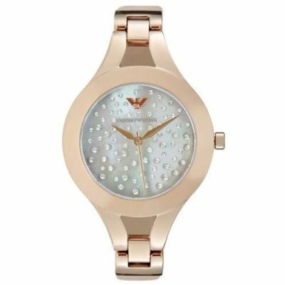 Emporio Armani AR7437 Classic Ladies Watch MOP Crystal Pave Dial Leather Strap