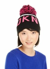 DKNY Pink and Black Womens Logo Stadium Beanie With Pom, One Size
