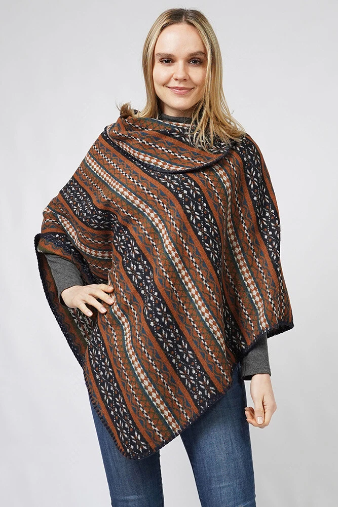 Anthropologie Style Women's Soft Ethnic Pattern Poncho Ruana Cardigan Sweater