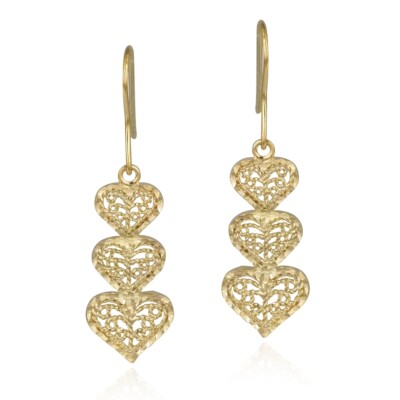 18K Gold over 925 Silver Filigree Three Heart Drop Earrings