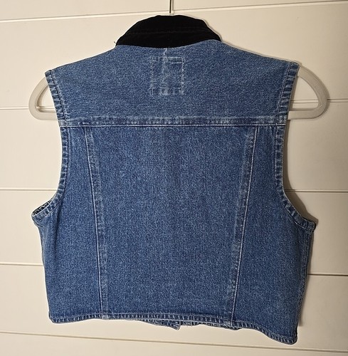 Vintage 90s Cropped Denim Vest With Velvet Collar Size M Western Cowgirl Horse - Picture 7 of 9