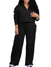 2 Piece Outfits Sweatsuit Oversized Half Zip Sweatshirt Wide Leg Sweatpant Ca...