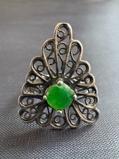 Vintage 925 Sterling Silver Ring Jade Stone  Filigree Open Work Ring Size 6 US